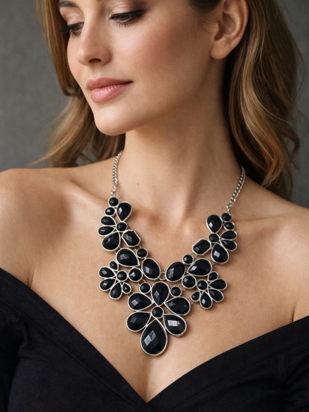 Black Statement Bib Necklace Silver Tone Floral Teardrop Faceted Gem Chunky Bold
